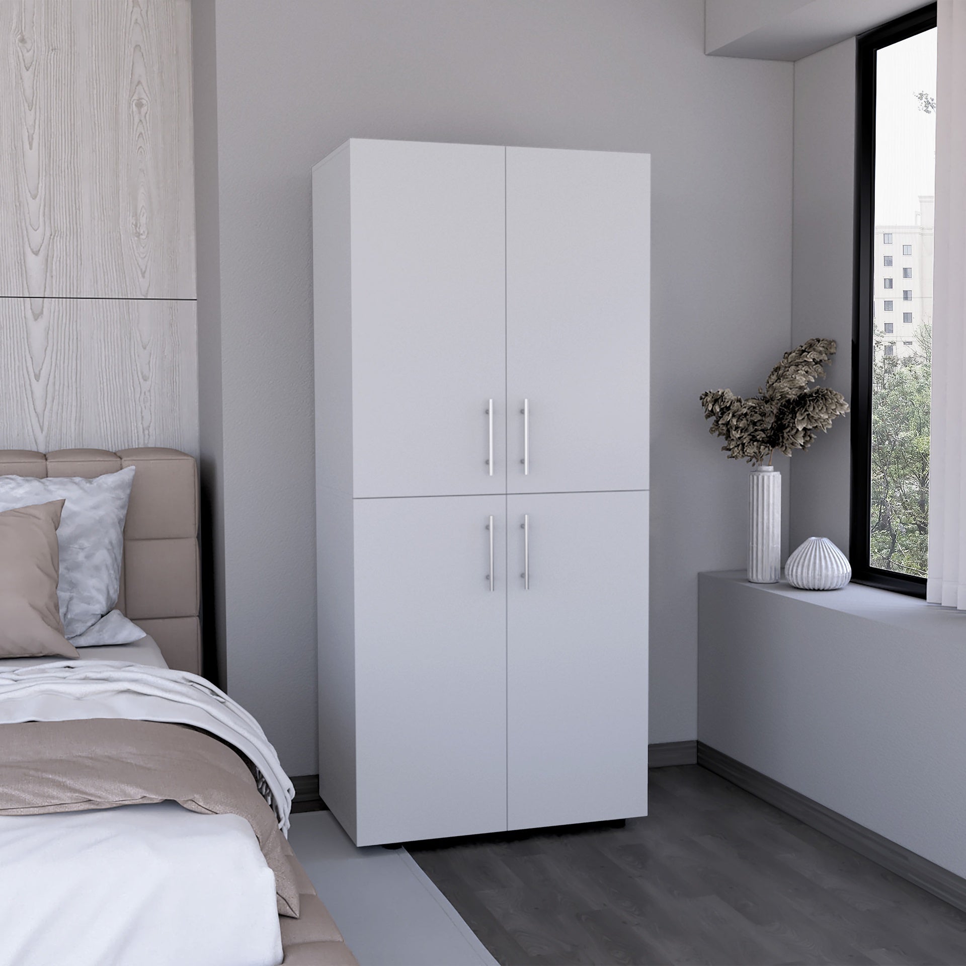 Hazel 70" High Four-Door Armoire Wardrove Closet Cabinet, Six Shelves and Two Hanging Rods, Bedroom Clothes Storage Cabinet Organizer White