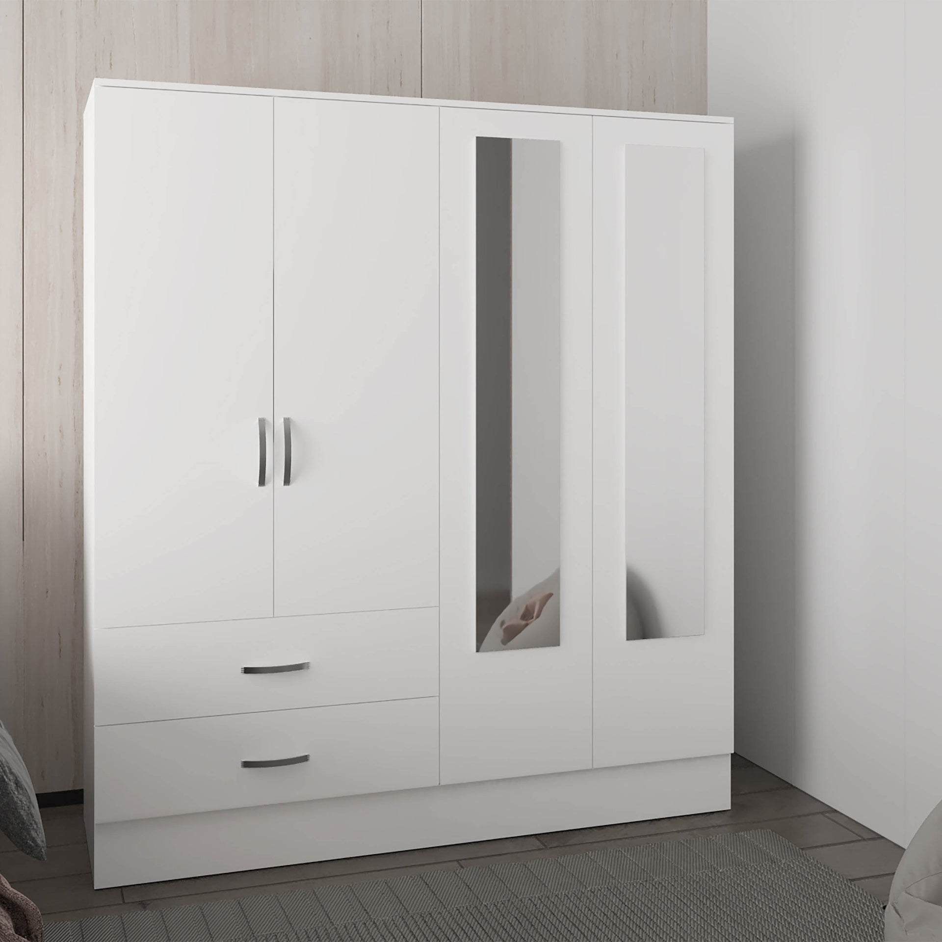 Bolton 160 Armoire, Six Shelves, Two Double Door Cabinets, Two Mirrors, Two Drawers, White