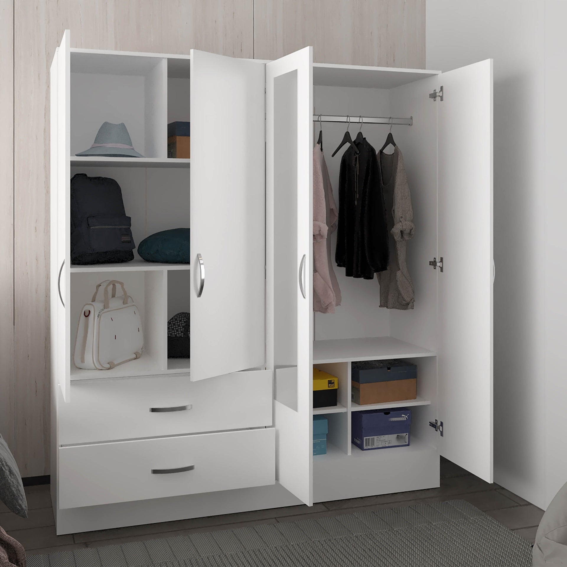 Bolton 160 Armoire, Six Shelves, Two Double Door Cabinets, Two Mirrors, Two Drawers, White