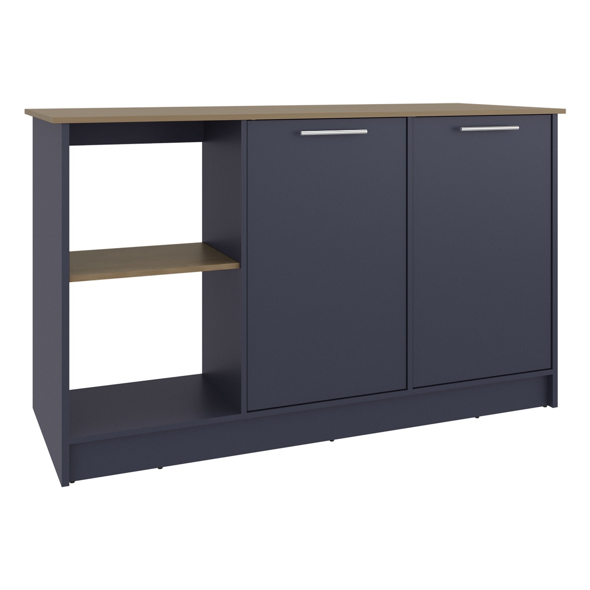 Juniper Kitchen Island With Large Dining Countertop, Double Door Cabinet with Interior Storage Shelves and, Two  Open Shelves