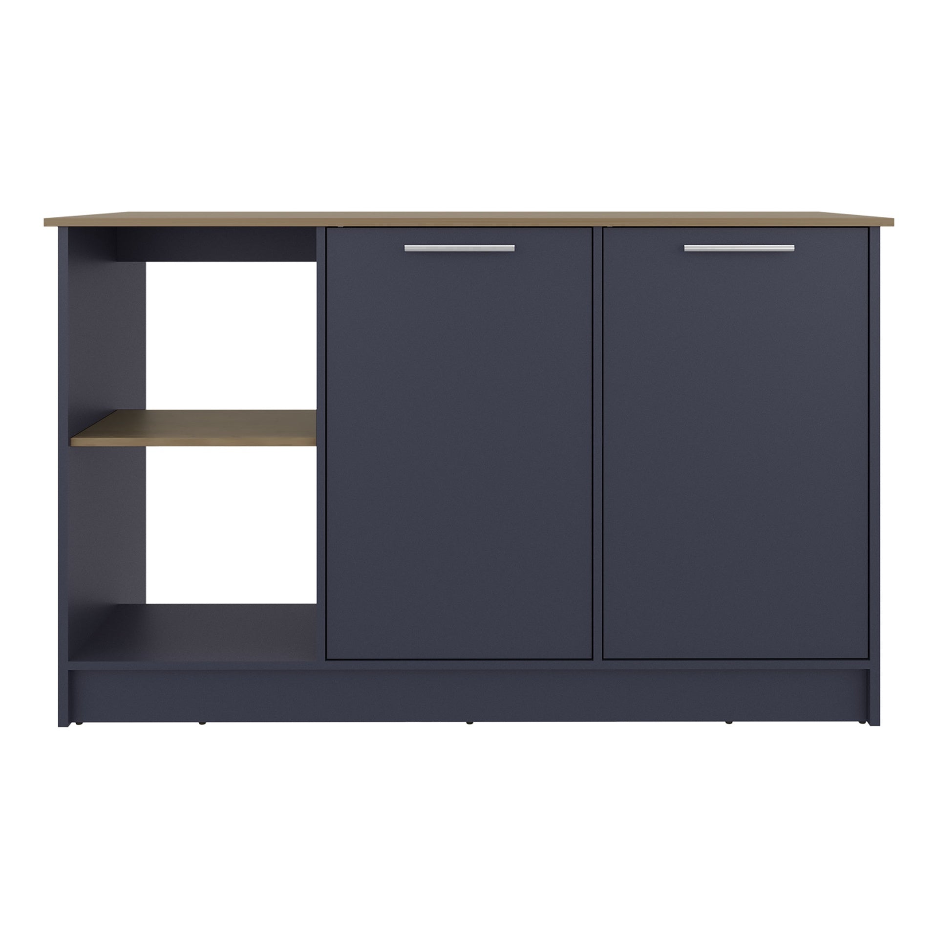 Juniper Kitchen Island With Large Dining Countertop, Double Door Cabinet with Interior Storage Shelves and, Two  Open Shelves