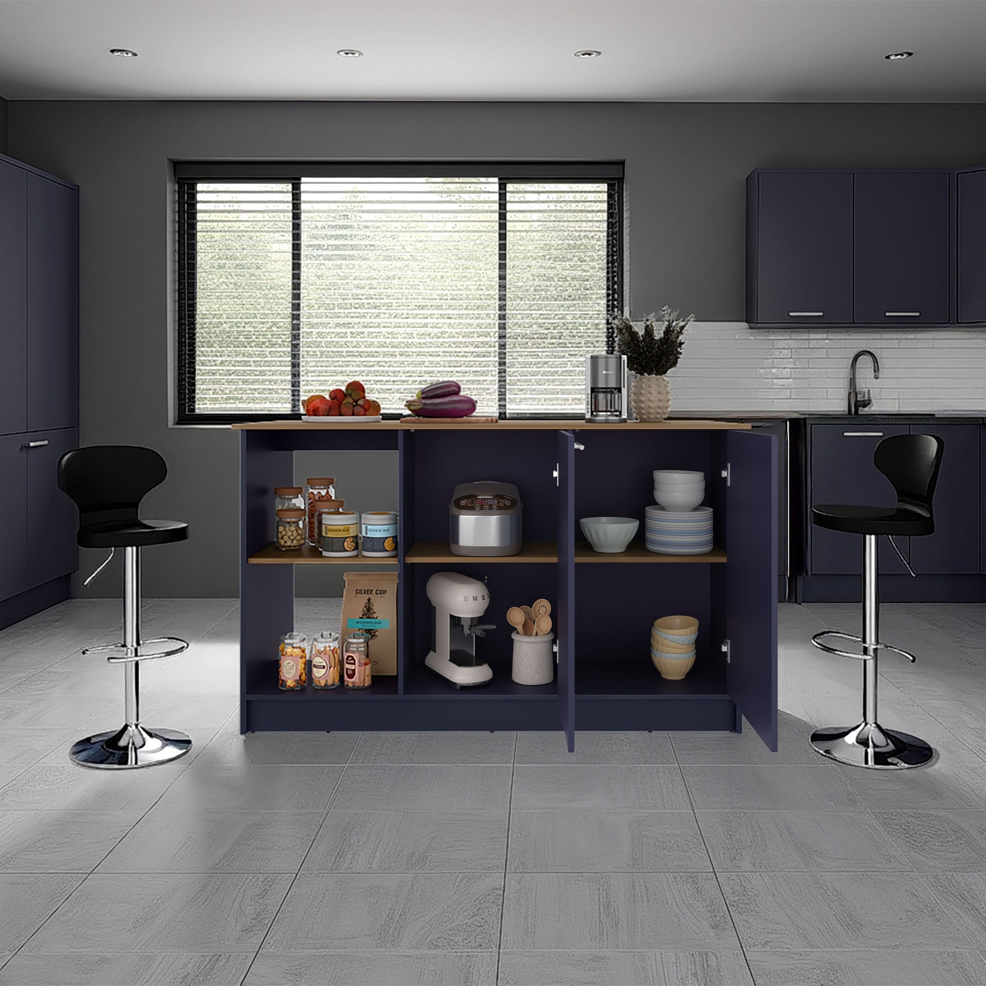 Juniper Kitchen Island With Large Dining Countertop, Double Door Cabinet with Interior Storage Shelves and, Two  Open Shelves