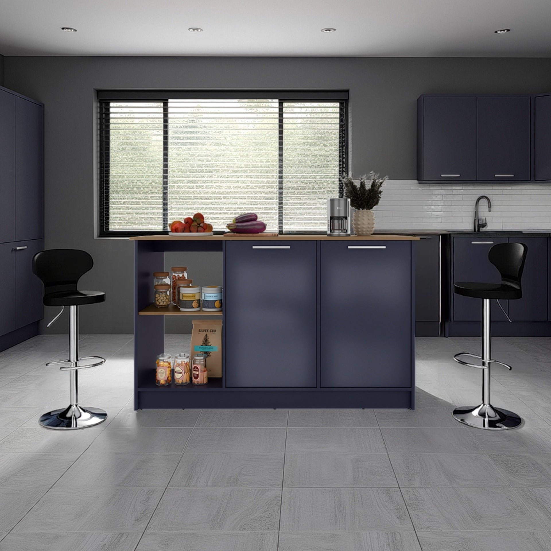 Juniper Kitchen Island With Large Dining Countertop, Double Door Cabinet with Interior Storage Shelves and, Two  Open Shelves