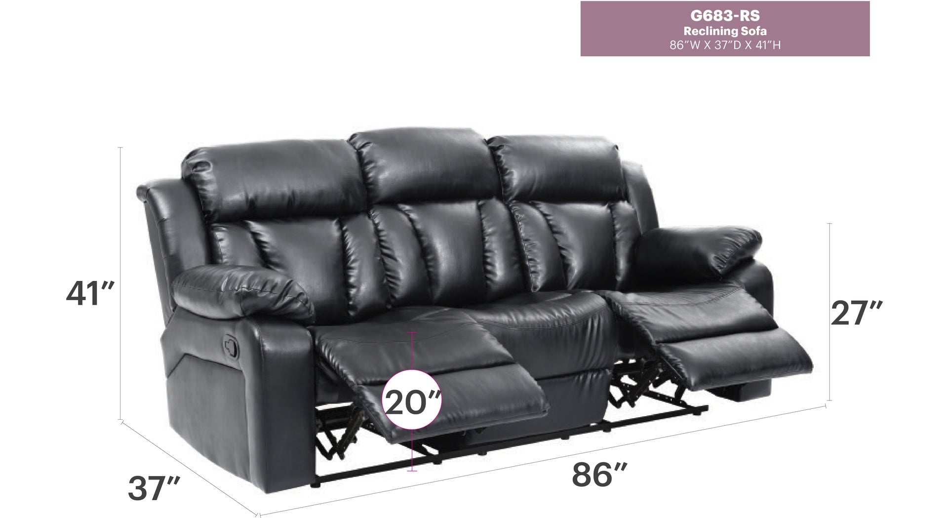 Glory Furniture Daria G683-RS Reclining Sofa , BLACK