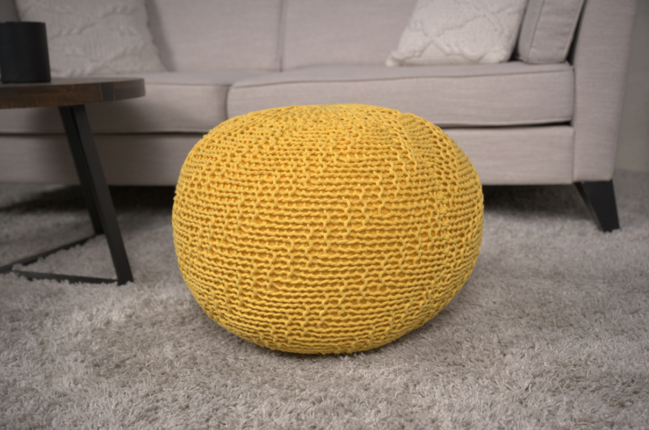 Bordeaux  Knitted Cotton Round Pouf, Yellow