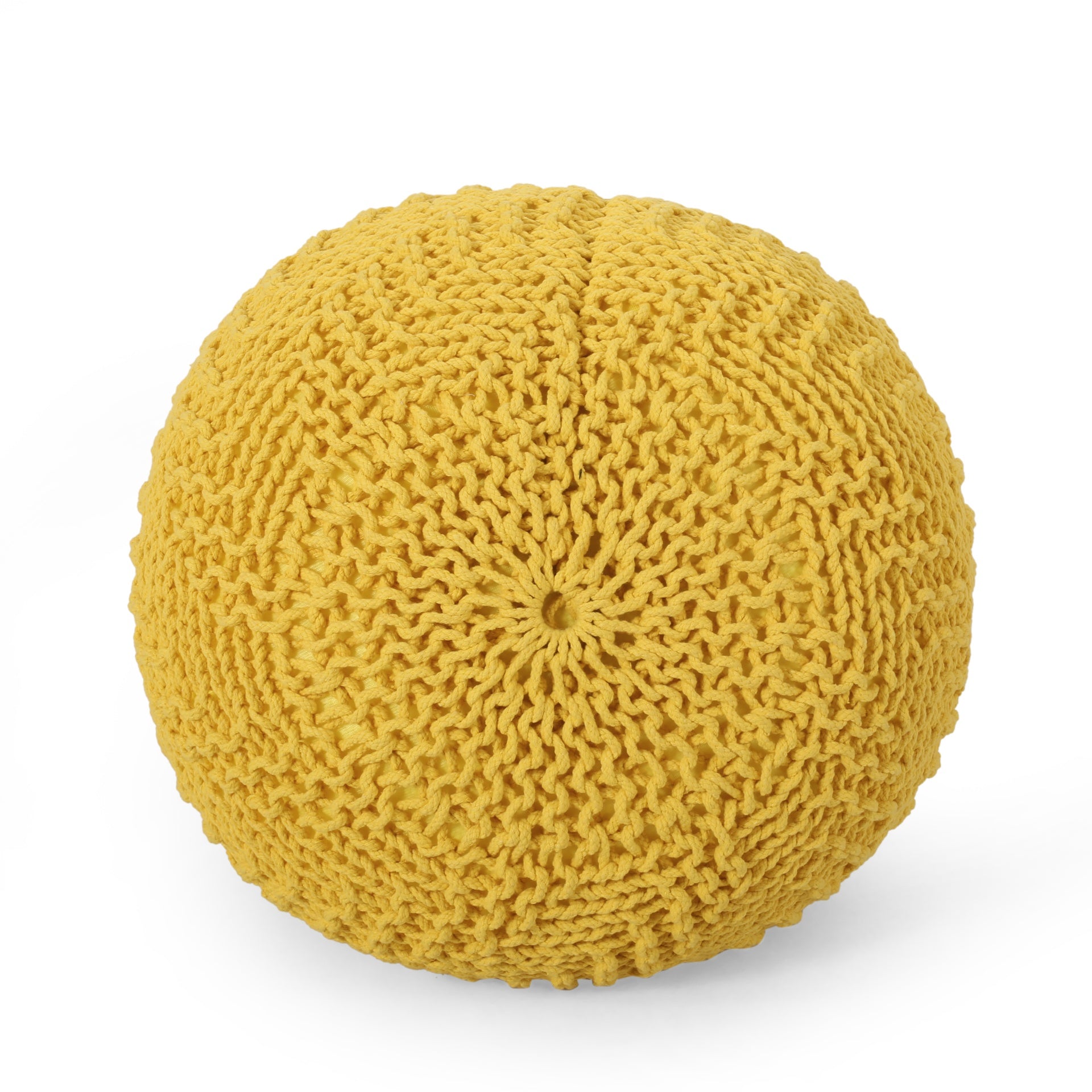 Bordeaux  Knitted Cotton Round Pouf, Yellow