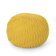 Bordeaux  Knitted Cotton Round Pouf, Yellow