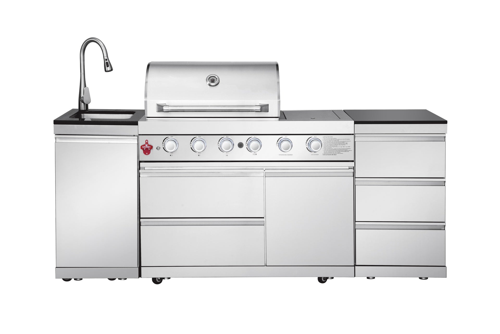 Silver 4-Burner 72000 BTU Deluxe Stainless Steel Gas Outdoor Kitchen Bar Barbecue Island Grill +Three Drawer Lockers + Single Door Stainless Steel Sink/Faucet