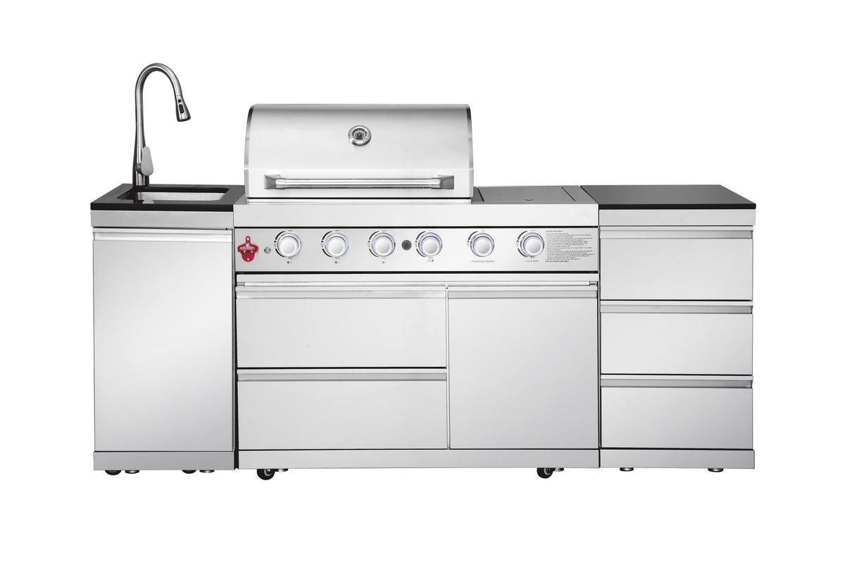 Silver 4-Burner 72000 BTU Deluxe Stainless Steel Gas Outdoor Kitchen Bar Barbecue Island Grill +Three Drawer Lockers + Single Door Stainless Steel Sink/Faucet