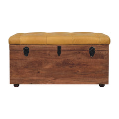 Solid Wood Buffalo Hide Honey Caramel Storage Trunk, Leather Upholstered, Yellow and Brown