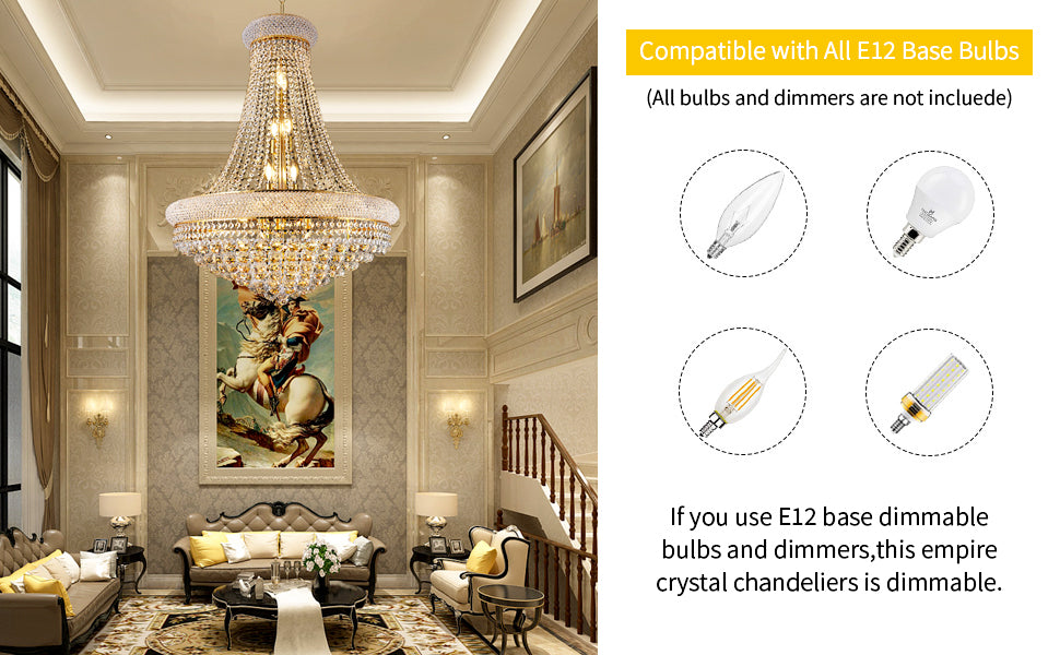 28-Inch Gold Crystal Chandelier, 15-Light French Empire Ceiling Light with LED Bulbs, 3000K Warm Light, Perfect for Dining Room, Bedroom, and Living Room