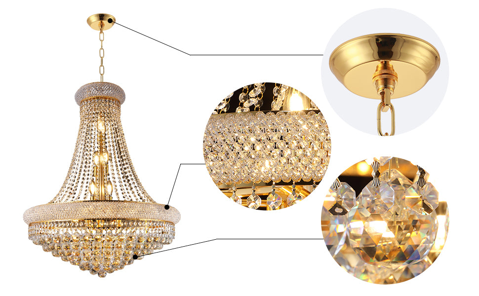 28-Inch Gold Crystal Chandelier, 15-Light French Empire Ceiling Light with LED Bulbs, 3000K Warm Light, Perfect for Dining Room, Bedroom, and Living Room