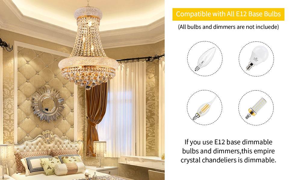 18-Inch Gold Crystal Chandelier, 9-Light French Empire Style Ceiling Light with LED Bulbs, 3000K Warm Light, Ideal for Dining Room, Bedroom, and Entryway