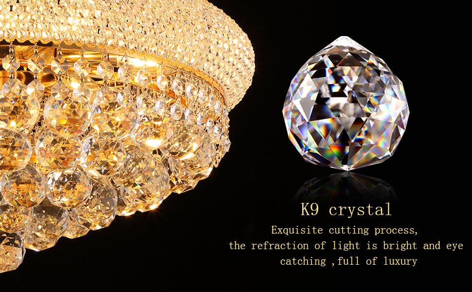 18-Inch Gold Crystal Chandelier, 9-Light French Empire Style Ceiling Light with LED Bulbs, 3000K Warm Light, Ideal for Dining Room, Bedroom, and Entryway
