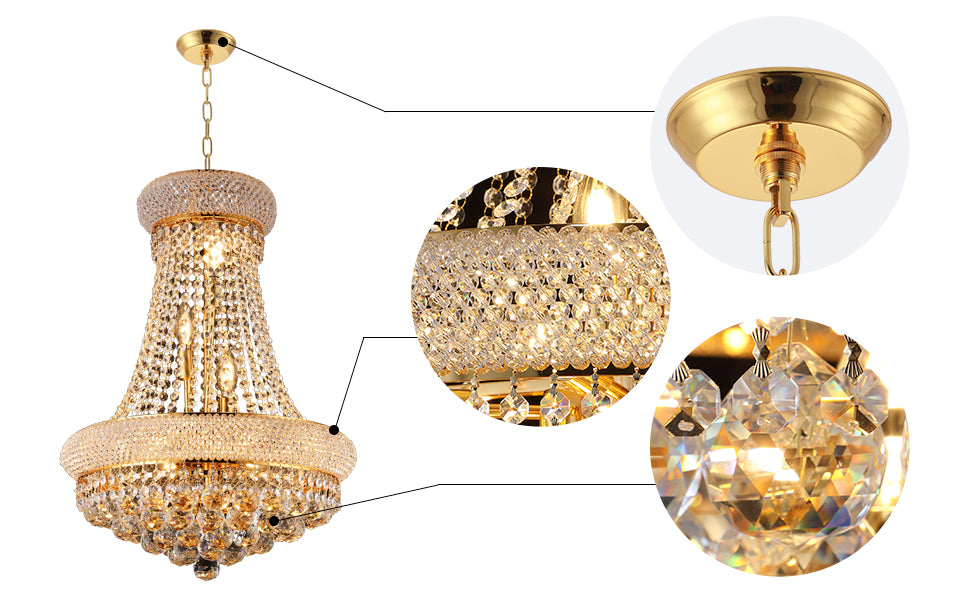 18-Inch Gold Crystal Chandelier, 9-Light French Empire Style Ceiling Light with LED Bulbs, 3000K Warm Light, Ideal for Dining Room, Bedroom, and Entryway