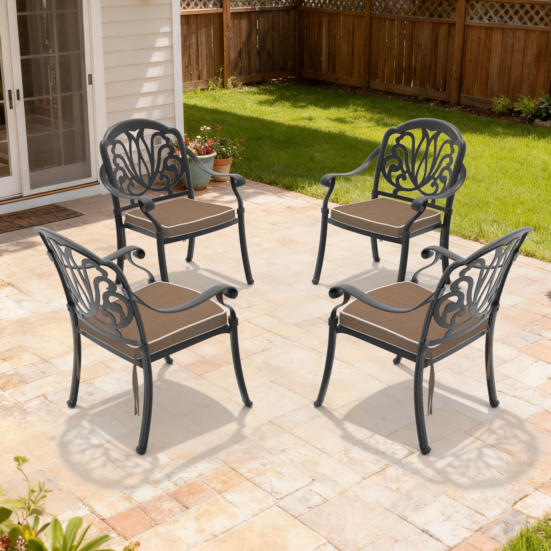 Cast Aluminum Patio Dining Chair 4PCS With Black Frame and Brown Cushions (same sku: W1710P166052)