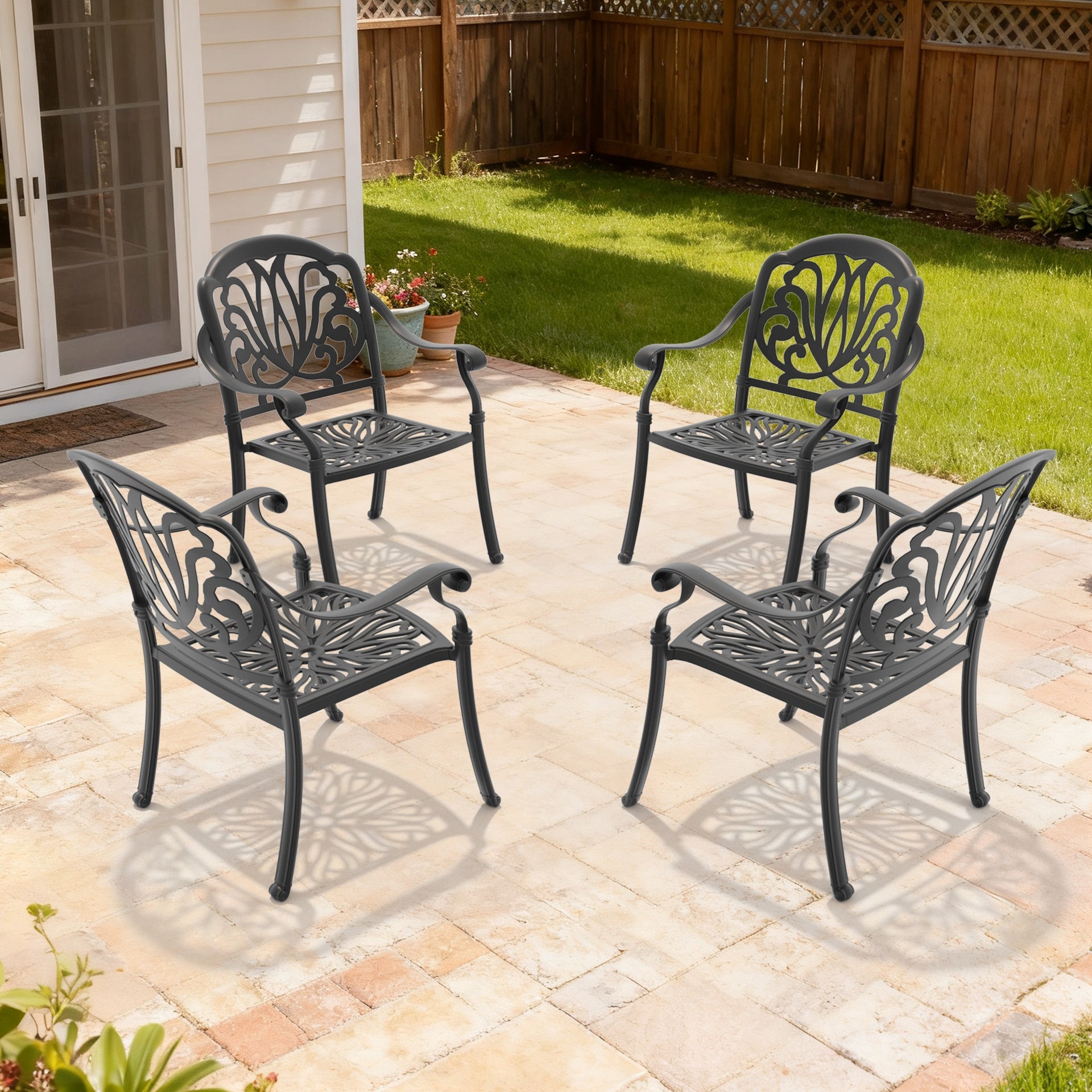 Cast Aluminum Patio Dining Chair 4PCS With Black Frame and Brown Cushions (same sku: W1710P166052)