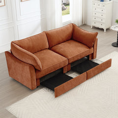 2 Seater Sofa With Pull out Storage Drawers Under Each Seat, Crescent-shaped Armrests And Wraparound , Suitable for Small Living Rooms, Chenille  Orange