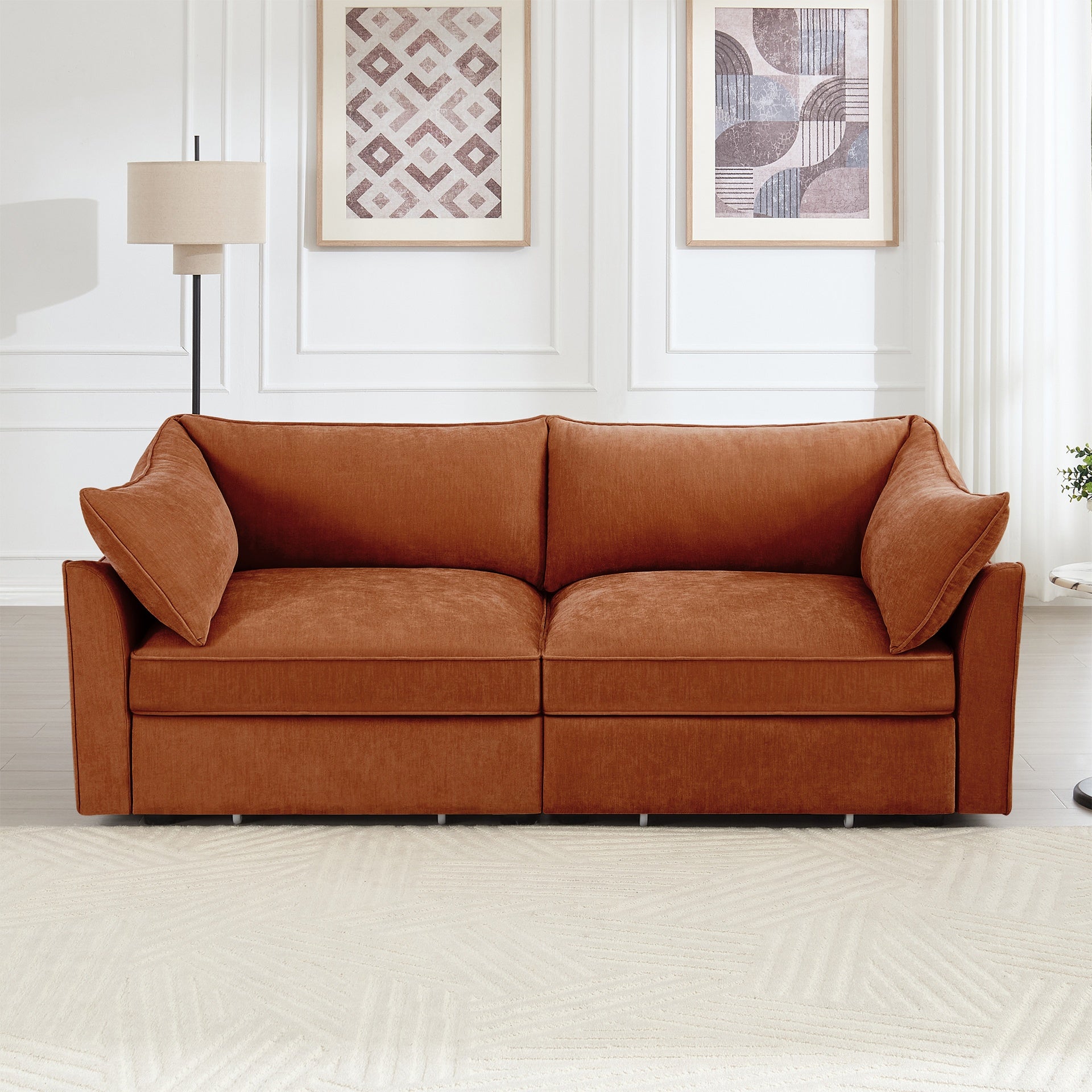 2 Seater Sofa With Pull out Storage Drawers Under Each Seat, Crescent-shaped Armrests And Wraparound , Suitable for Small Living Rooms, Chenille  Orange