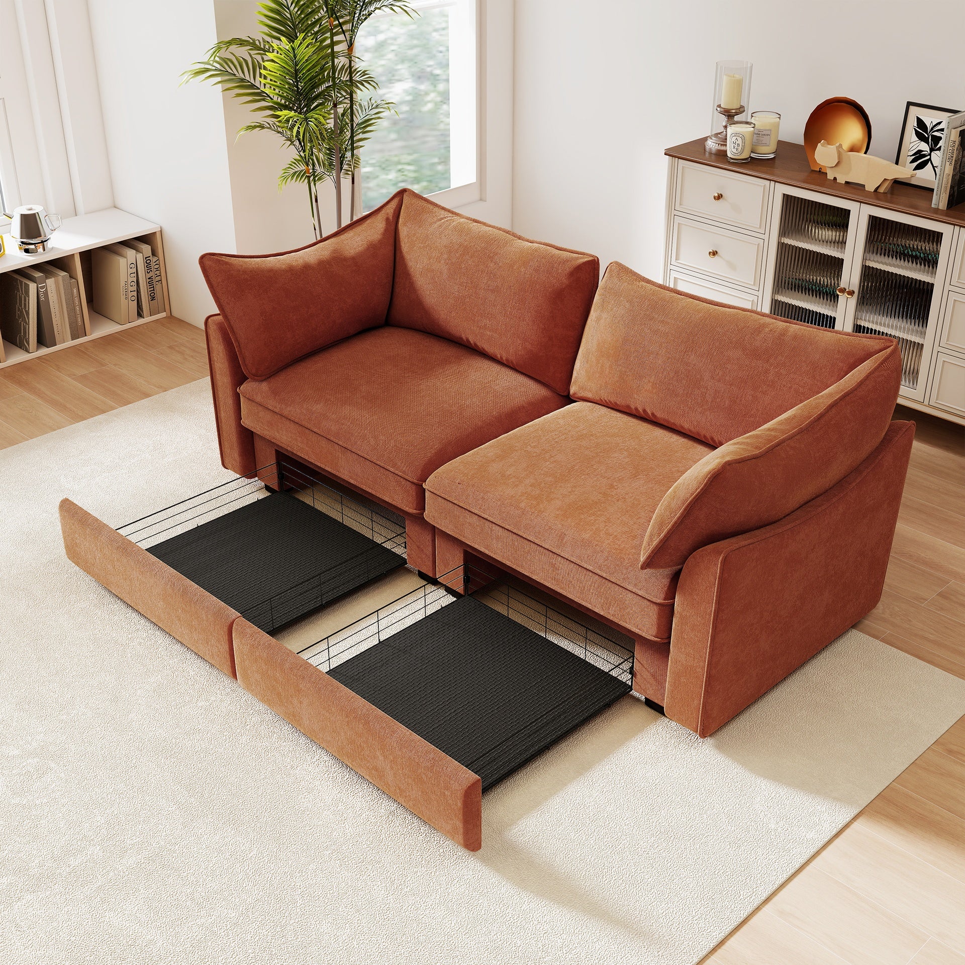 2 Seater Sofa With Pull out Storage Drawers Under Each Seat, Crescent-shaped Armrests And Wraparound , Suitable for Small Living Rooms, Chenille  Orange