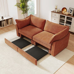 2 Seater Sofa With Pull out Storage Drawers Under Each Seat, Crescent-shaped Armrests And Wraparound , Suitable for Small Living Rooms, Chenille  Orange