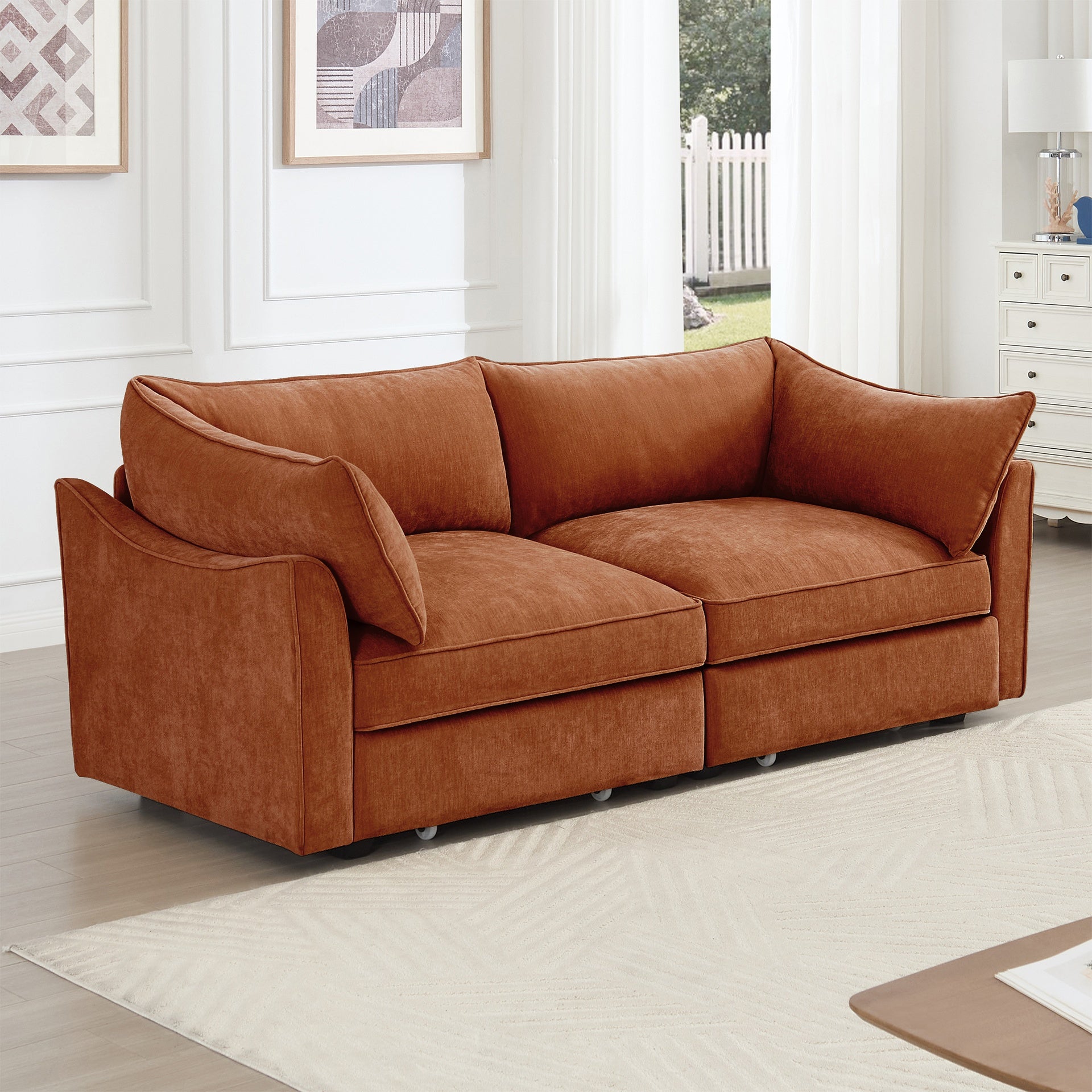 2 Seater Sofa With Pull out Storage Drawers Under Each Seat, Crescent-shaped Armrests And Wraparound , Suitable for Small Living Rooms, Chenille  Orange
