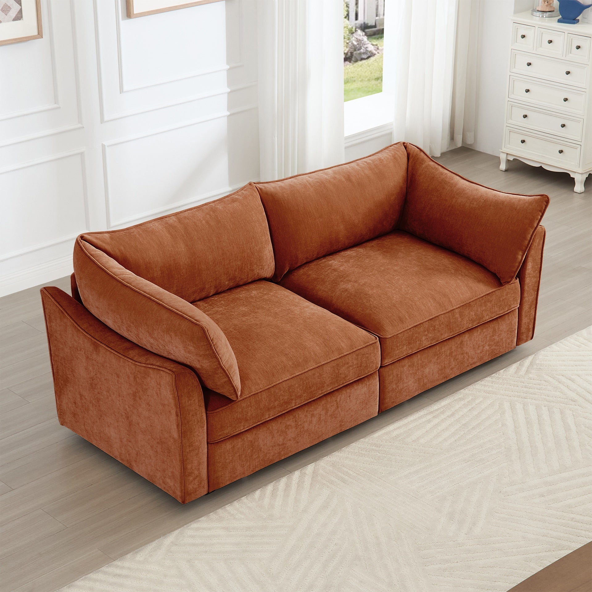 2 Seater Sofa With Pull out Storage Drawers Under Each Seat, Crescent-shaped Armrests And Wraparound , Suitable for Small Living Rooms, Chenille  Orange