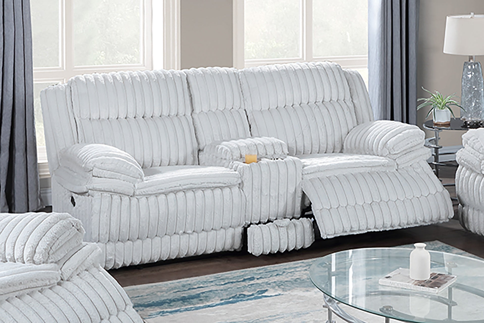 Manual Motion Loveseat Recliner Fur-Like Corduroy in Light Gray
