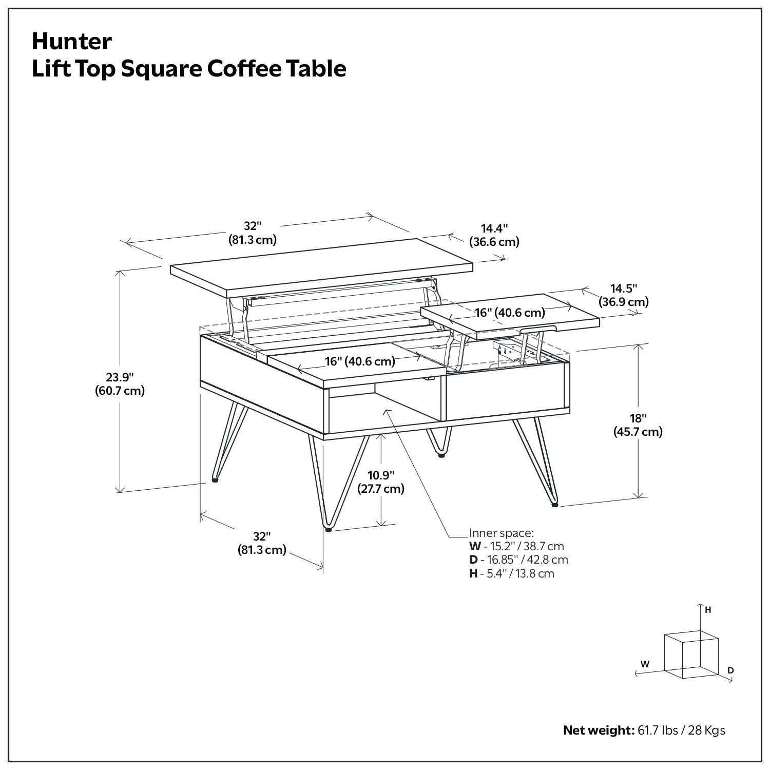 Hunter 32 inch Wide Solid Wood Lift Top Square Coffee Table in Walnut