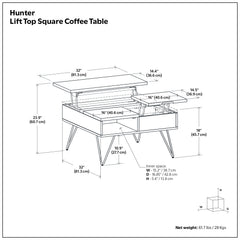 Hunter 32 inch Wide Solid Wood Lift Top Square Coffee Table in Walnut