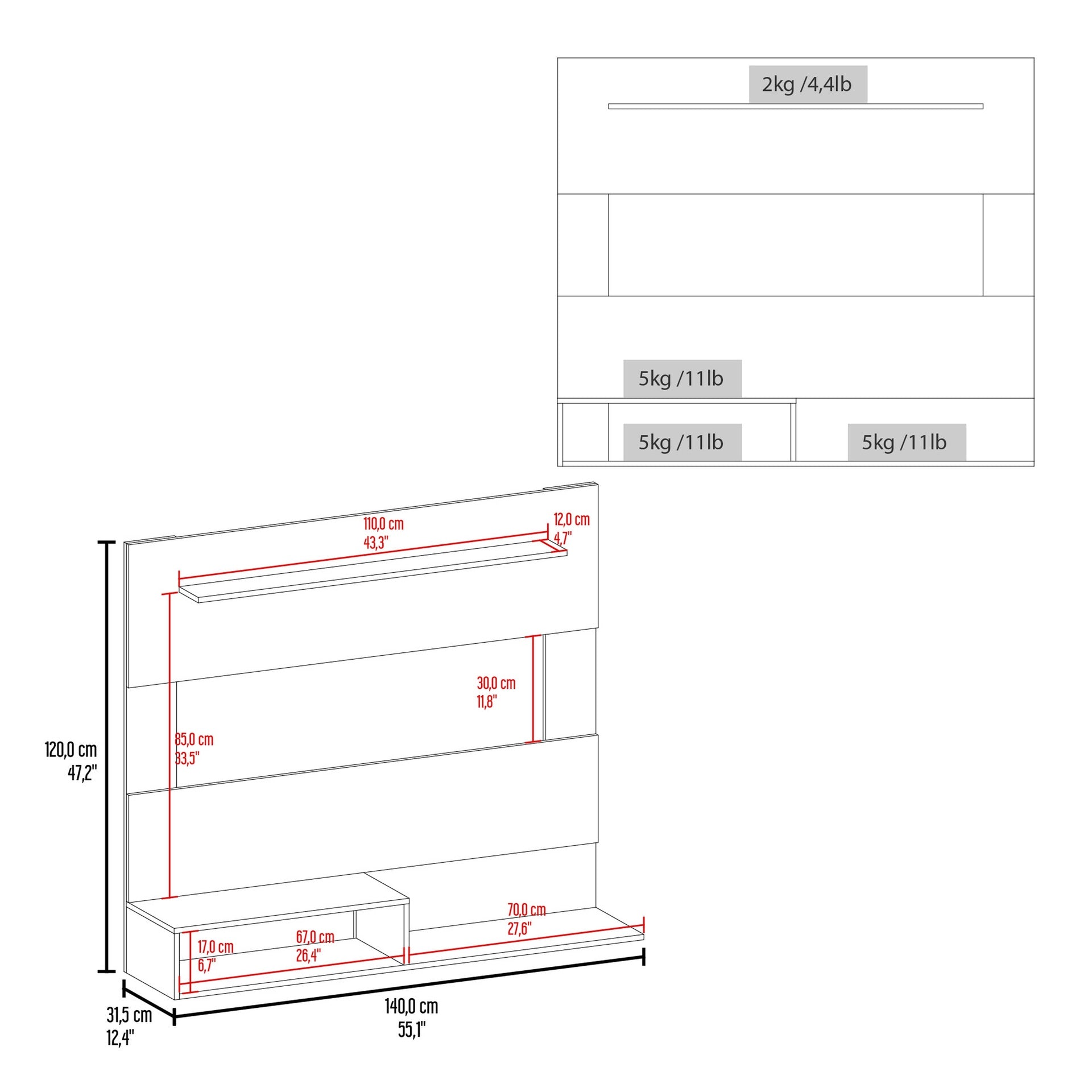 FM FURNITURE Irmo Wall-Mounted Entertainment Center with Shelves. White