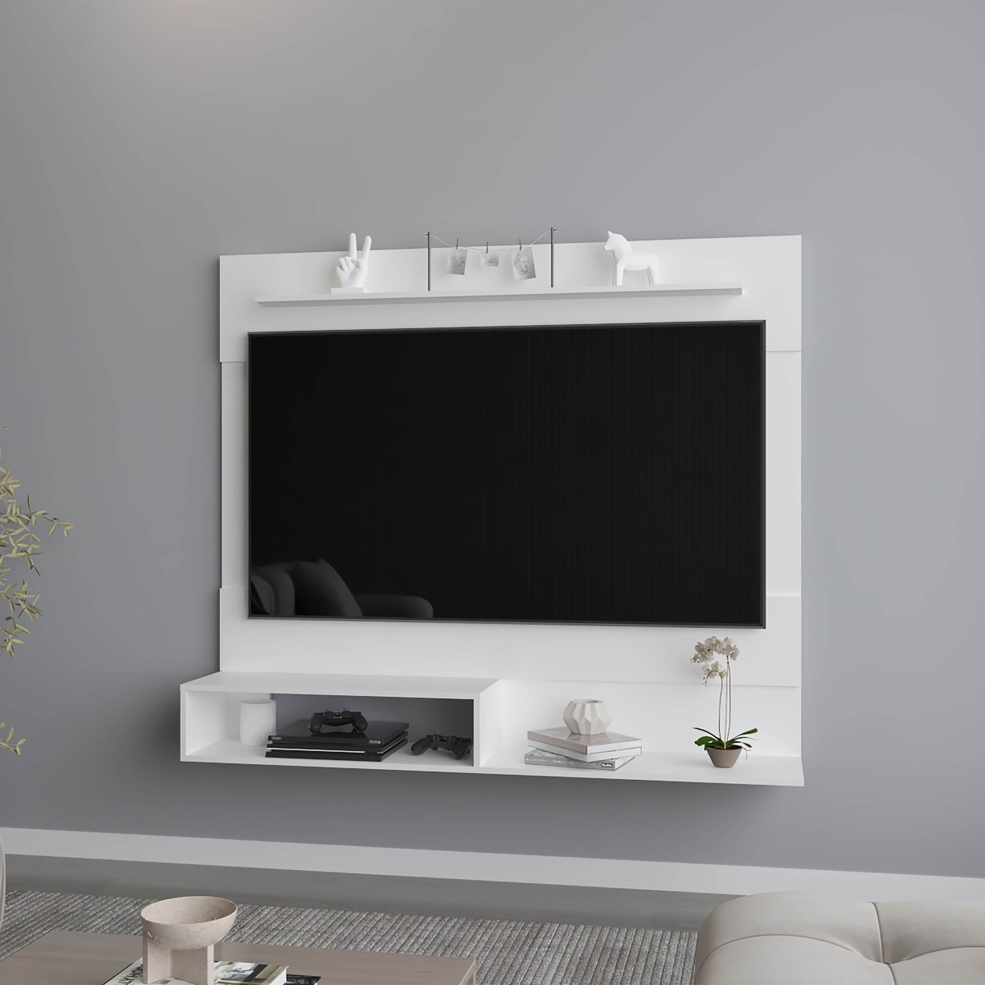 FM FURNITURE Irmo Wall-Mounted Entertainment Center with Shelves. White