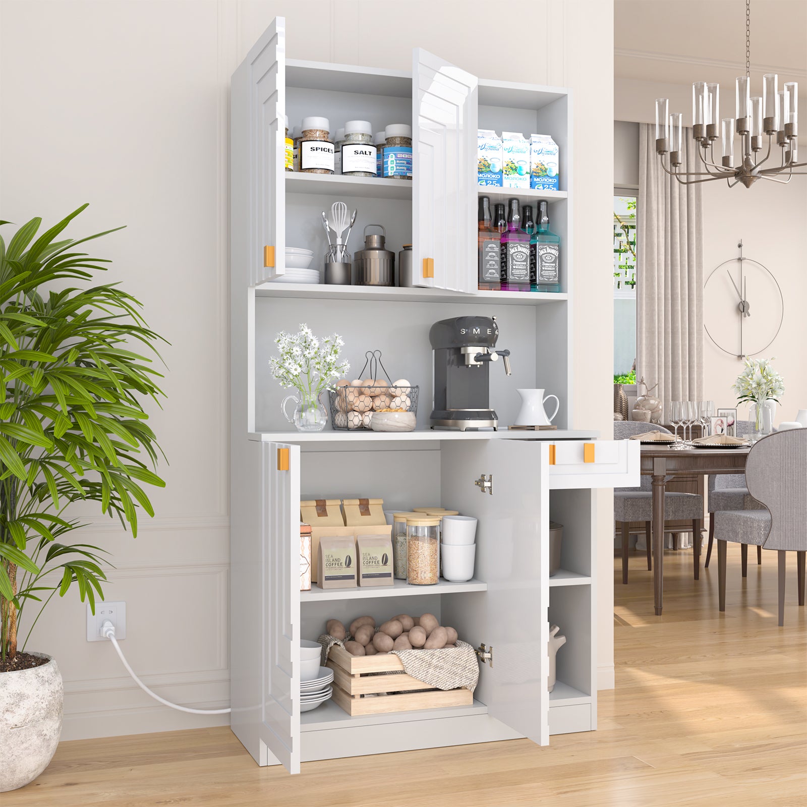 Pantry Cabinet for Living Room, 70" Wooden Kitchen Microwave Stand Hutch with Storage and Charging Station, High Gloss White Finish