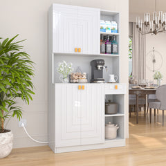 Pantry Cabinet for Living Room, 70" Wooden Kitchen Microwave Stand Hutch with Storage and Charging Station, High Gloss White Finish