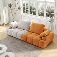 86.6″ Large size two Seat Sofa,Modern Upholstered,Gray paired with yellow suede fabric Increase in sitting height