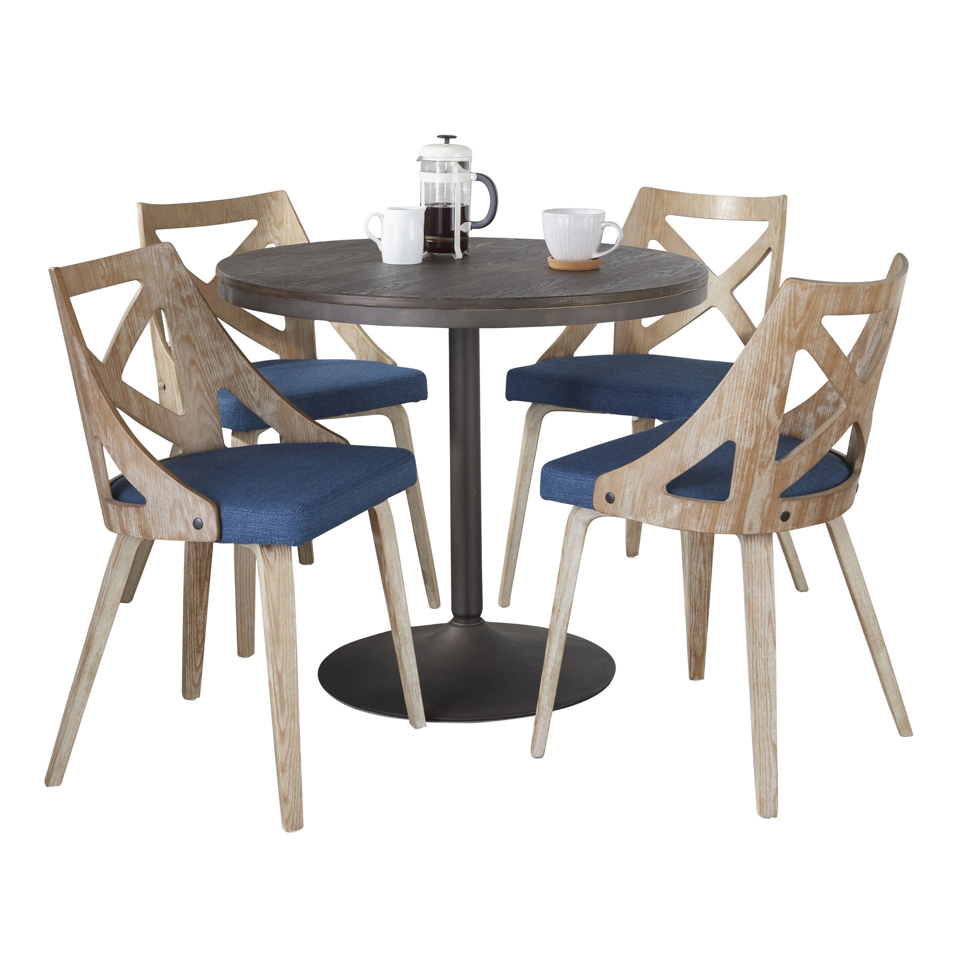 Dakota-Charlotte Contemporary Dining Set in Antique Metal with Espresso Wood-Pressed Grain Bamboo Tabletop and Whitewashed Wood with Blue Fabric by LumiSource - 5 Piece