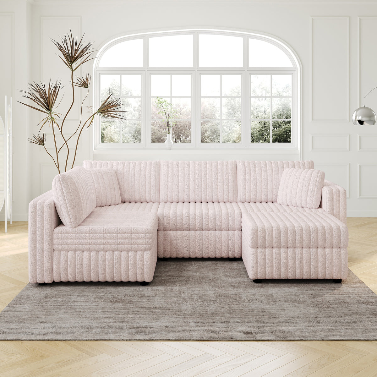 106.3" Soft  U-shaped 4-Person Sofa. Matches 30.7" Ottoman with Hydraulic Lift. Comfortable & Stylish. For Bedroom & Living Room. Light Pink.Modern Furniture. Modular Design.