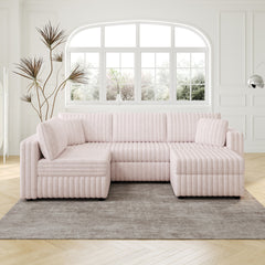 106.3" Soft  U-shaped 4-Person Sofa. Matches 30.7" Ottoman with Hydraulic Lift. Comfortable & Stylish. For Bedroom & Living Room. Light Pink.Modern Furniture. Modular Design.