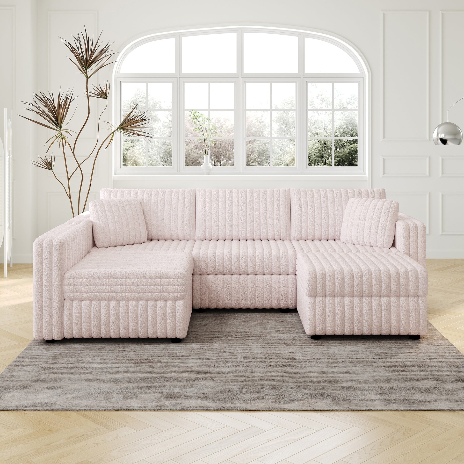 106.3" Soft  U-shaped 4-Person Sofa. Matches 30.7" Ottoman with Hydraulic Lift. Comfortable & Stylish. For Bedroom & Living Room. Light Pink.Modern Furniture. Modular Design.