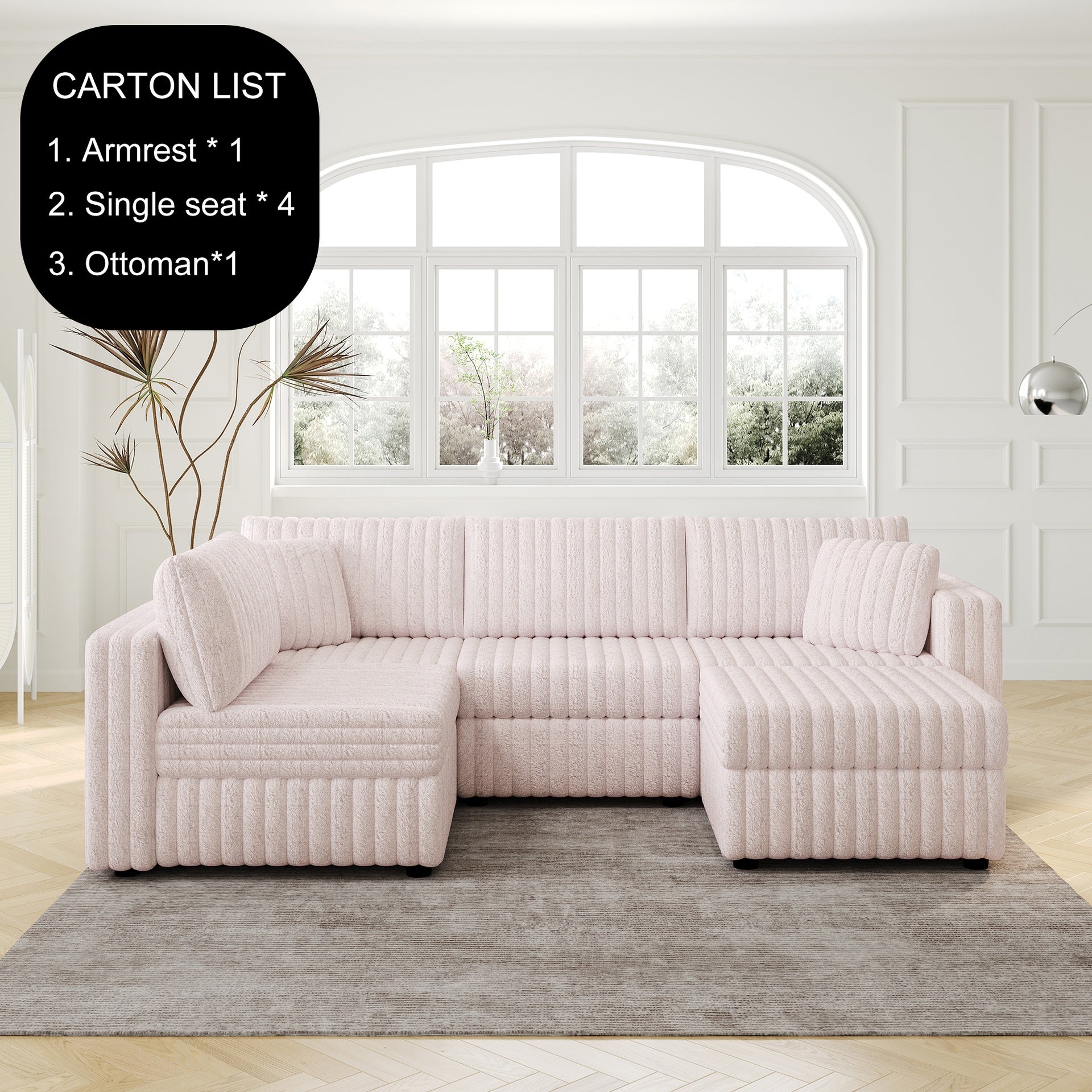 106.3" Soft  U-shaped 4-Person Sofa. Matches 30.7" Ottoman with Hydraulic Lift. Comfortable & Stylish. For Bedroom & Living Room. Light Pink.Modern Furniture. Modular Design.