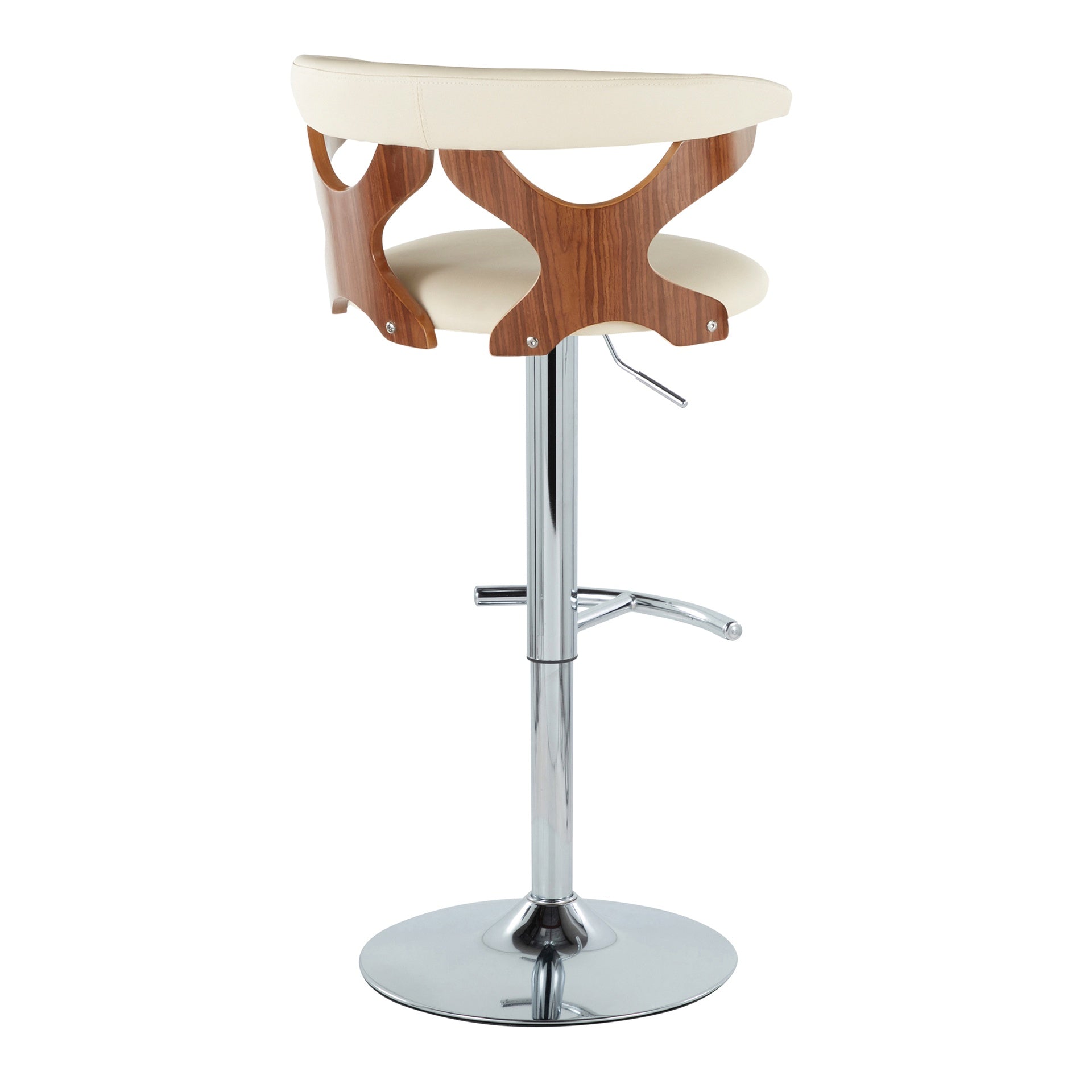 Gardenia Mid-Century Modern Adjustable Barstool with Swivel in Walnut Wood, Chrome Metal and Cream Faux Leather with Rounded T Footrest by LumiSource - Set of 2