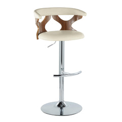 Gardenia Mid-Century Modern Adjustable Barstool with Swivel in Walnut Wood, Chrome Metal and Cream Faux Leather with Rounded T Footrest by LumiSource - Set of 2