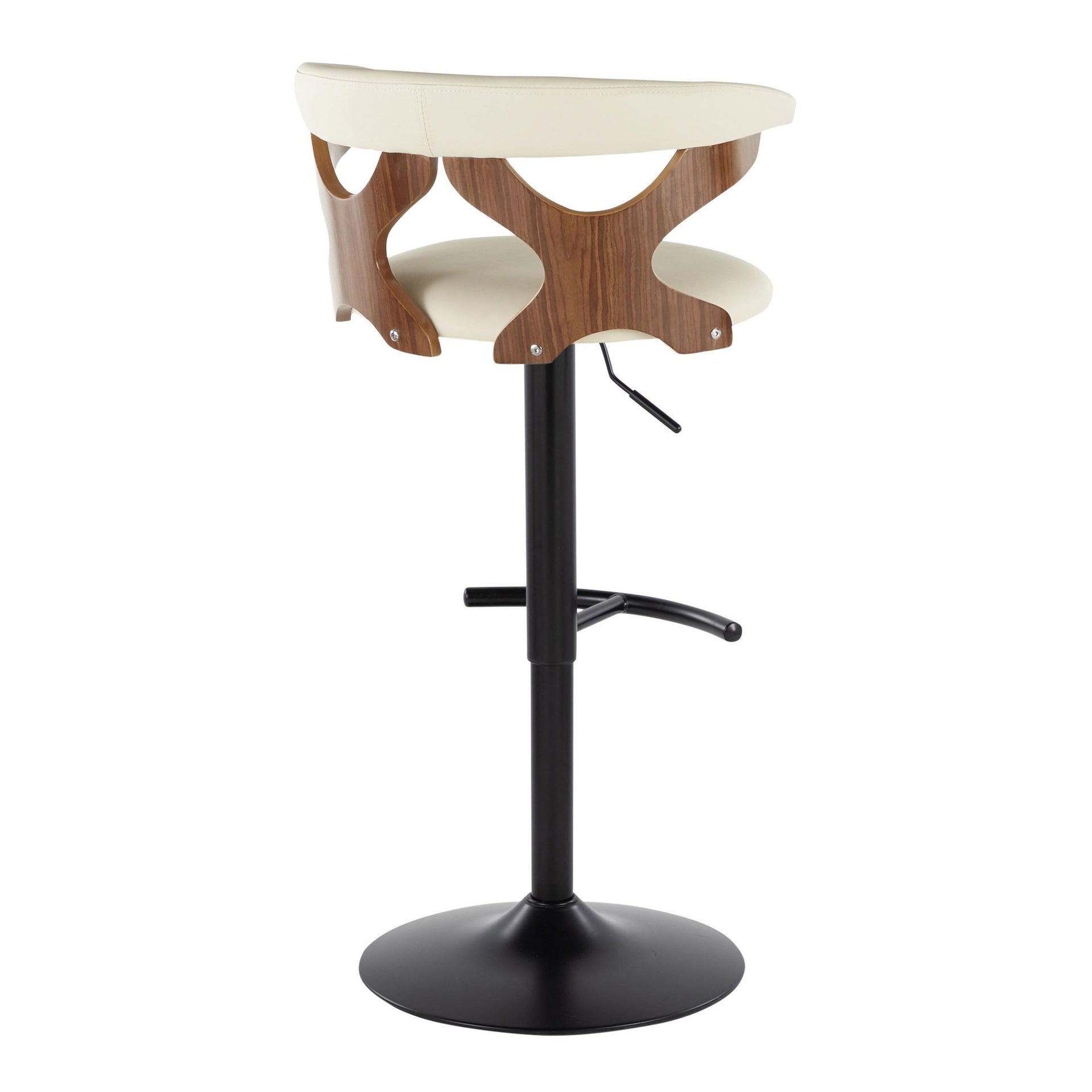 Gardenia Contemporary Adjustable Barstool with Swivel in Walnut Wood, Black Metal and Cream Faux Leather with Rounded T Footrest by LumiSource - Set of 2