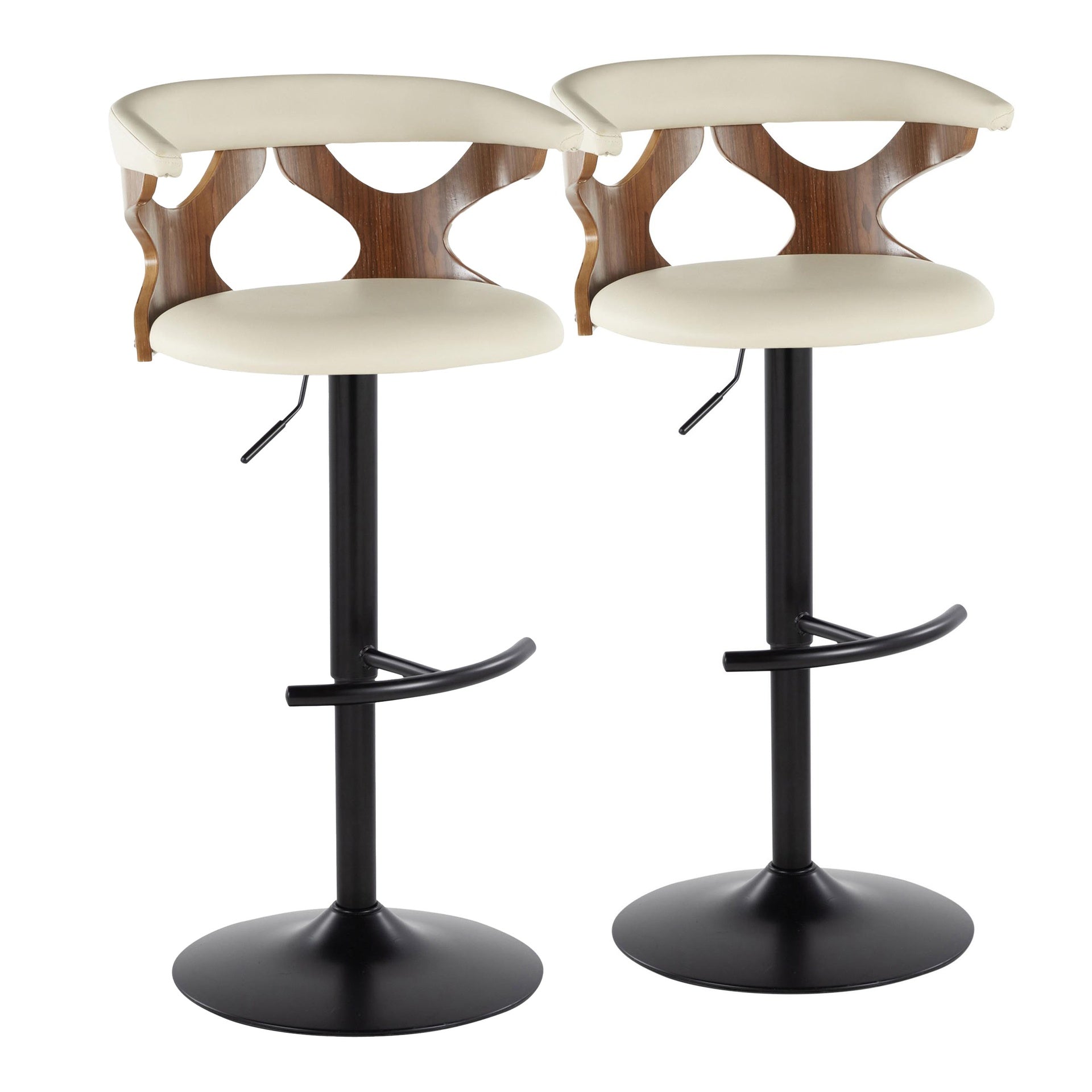 Gardenia Contemporary Adjustable Barstool with Swivel in Walnut Wood, Black Metal and Cream Faux Leather with Rounded T Footrest by LumiSource - Set of 2