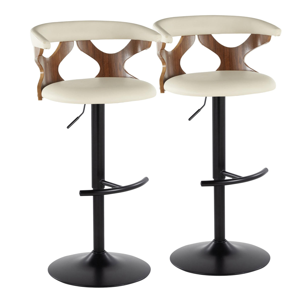 Gardenia Contemporary Adjustable Barstool with Swivel in Walnut Wood, Black Metal and Cream Faux Leather with Rounded T Footrest by LumiSource - Set of 2