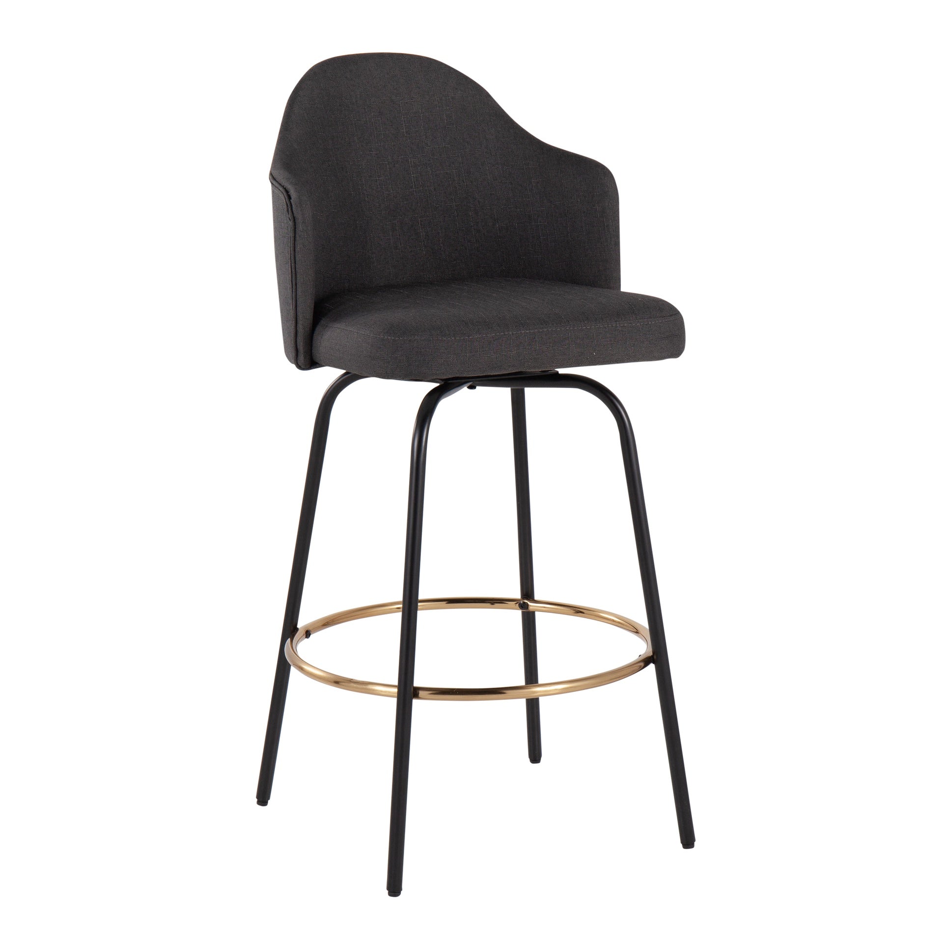 Ahoy Contemporary Fixed-Height Counter Stool with Black Metal Legs and Round Gold Metal Footrest with Charcoal Fabric Seat by LumiSource - Set of 2
