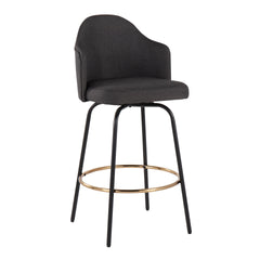 Ahoy Contemporary Fixed-Height Counter Stool with Black Metal Legs and Round Gold Metal Footrest with Charcoal Fabric Seat by LumiSource - Set of 2