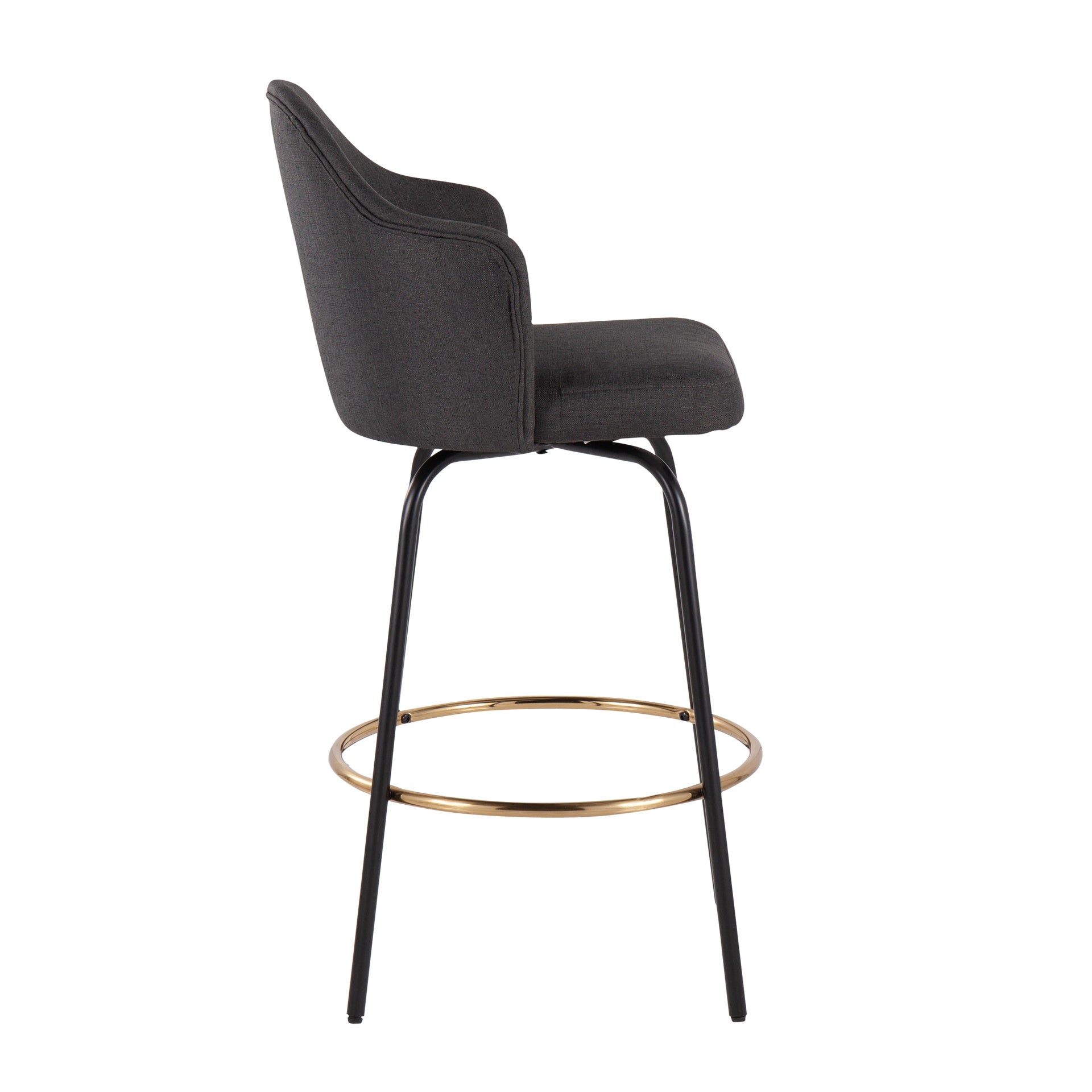 Ahoy Contemporary Fixed-Height Counter Stool with Black Metal Legs and Round Gold Metal Footrest with Charcoal Fabric Seat by LumiSource - Set of 2
