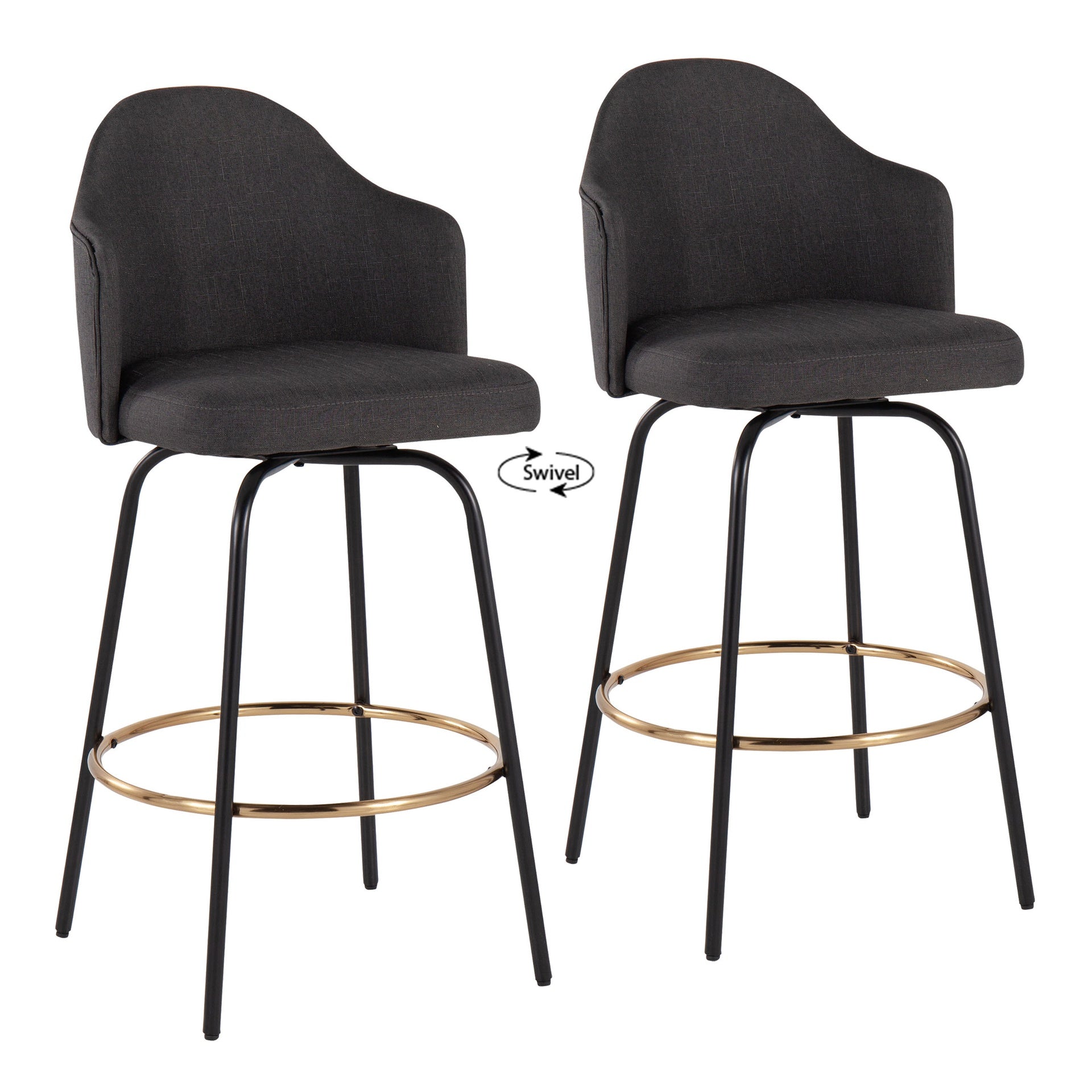 Ahoy Contemporary Fixed-Height Counter Stool with Black Metal Legs and Round Gold Metal Footrest with Charcoal Fabric Seat by LumiSource - Set of 2