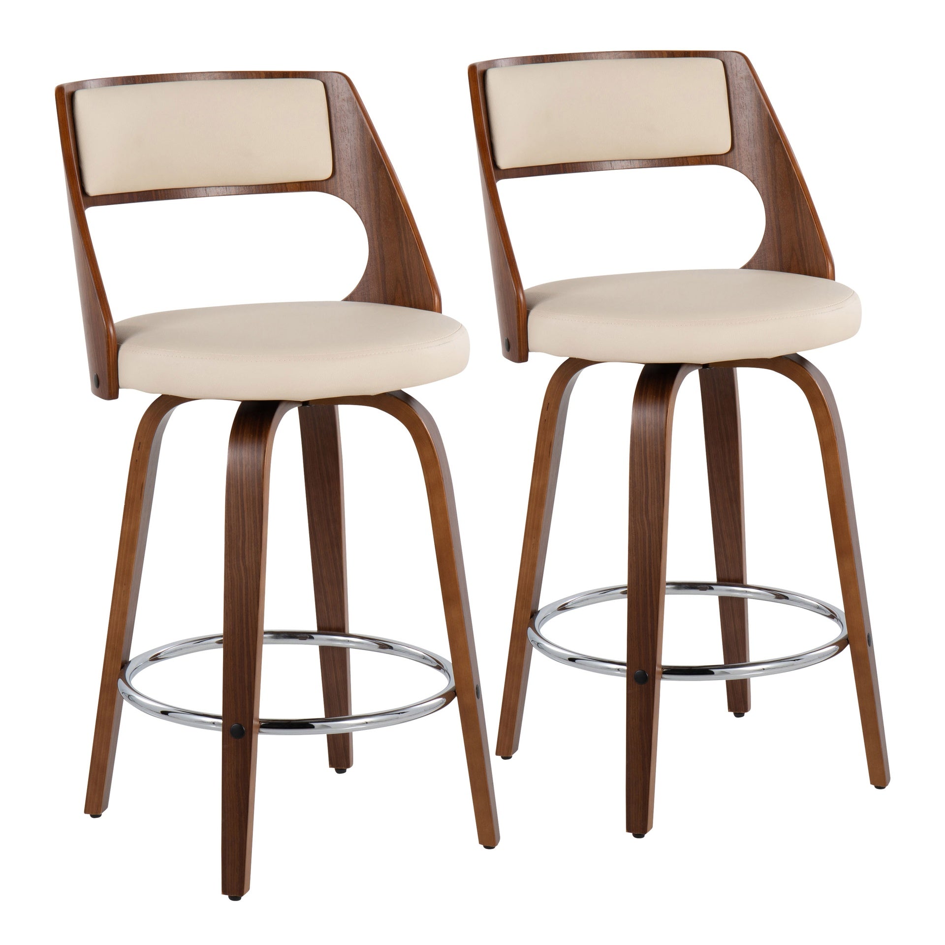 Cecina Mid-Century Modern Counter Stool with Swivel in Walnut and Cream Faux Leather by LumiSource - Set of 2